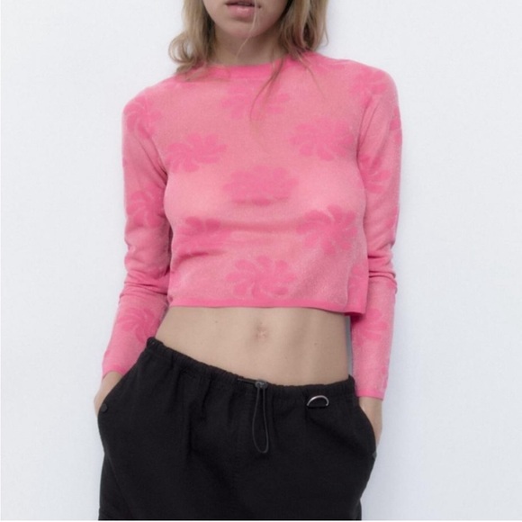 Zara Semi-Sheer Pink Floral Metallic Sweater – Cropped, Size M, Brand New